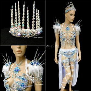 Frozen Ice Queen Elsa Icicle Crown Samba Cage Bra top LED Skirt and Thigh Garters