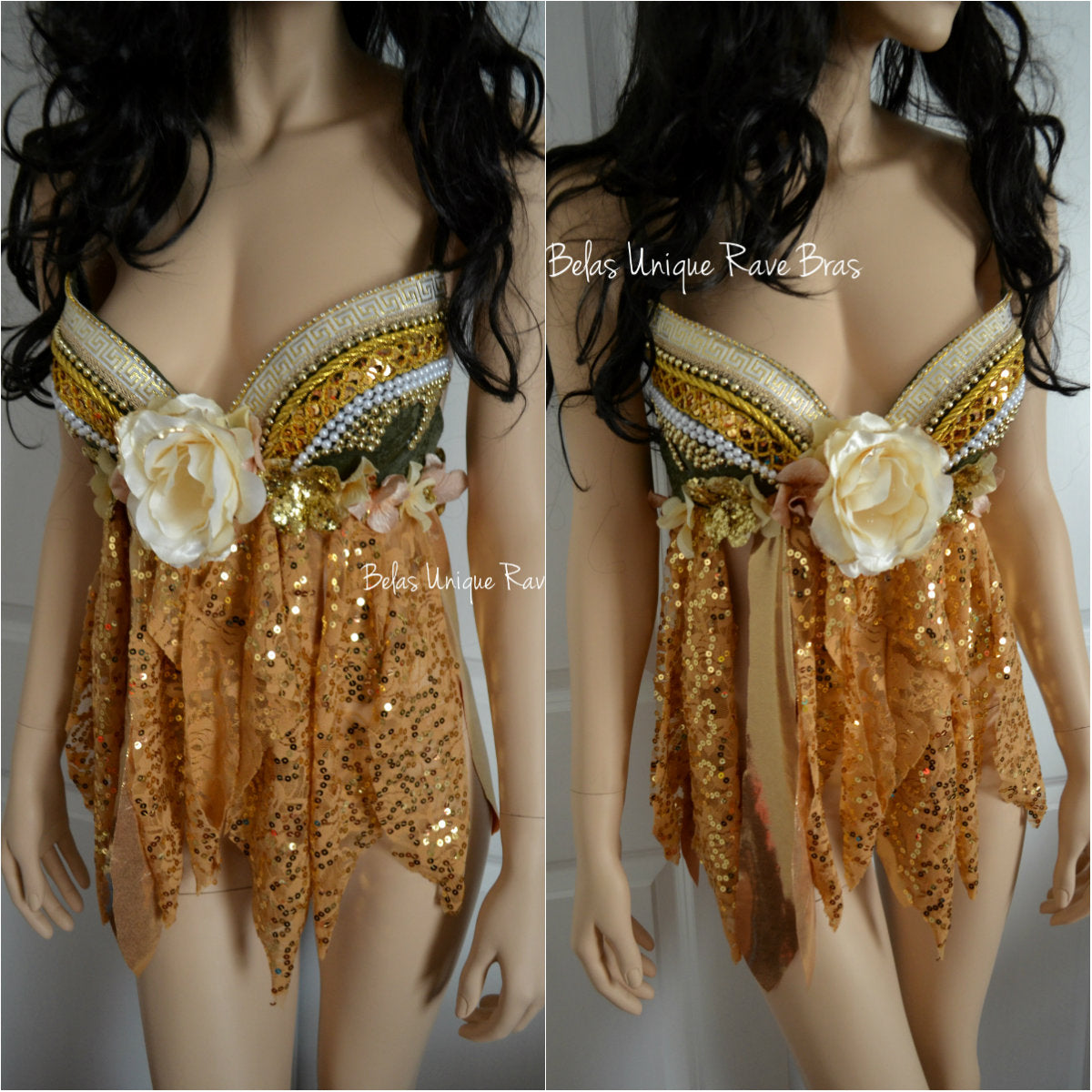 Golden Olive Goddess Fairy Mother of Nature Rave Bra Baby Doll Dress Halloween Costume