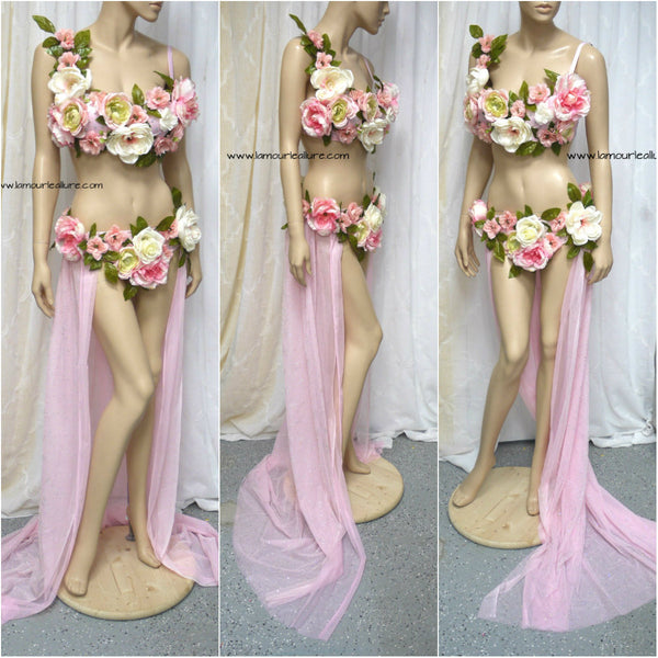 Two Piece Petal Pink Rose Fairy Gown with Train Costume