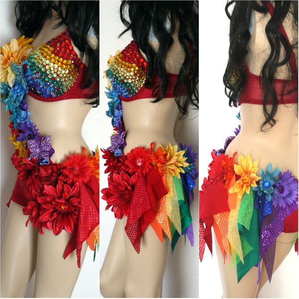 Rainbow Fairy Flower Bra and Shorts Monokini Dance Rave Halloween Costume