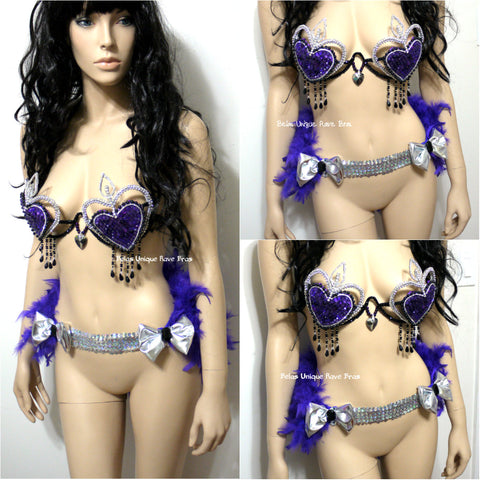 Purple and Silver Heart Breaker Samba Carnival Dance Top with Feather Skirt