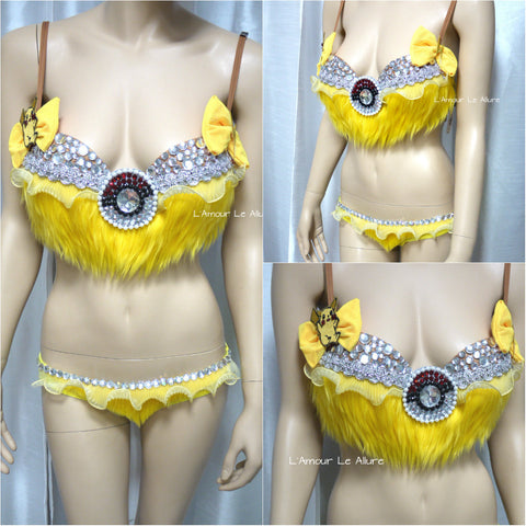 Pikachu Fur Bra and Bottom Cosplay Dance Costume Rave Halloween