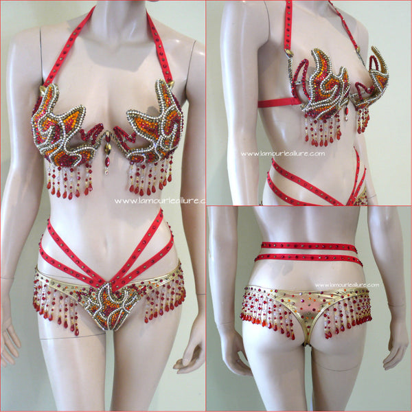 Red and Gold Phoenix Girl On Fire Flame Samba Carnival Top and Bottom Halloween Dance