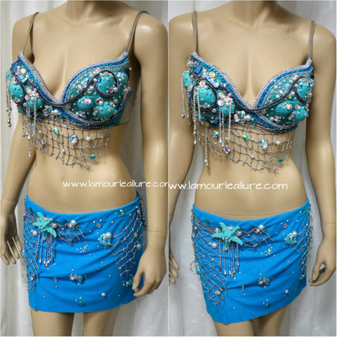 L'Amour Le Allure Sirens of The Sea Blue Gold Netted Siren Mermaid Halter Top Halloween Dance Costume Net Top with Out Bra / Purple