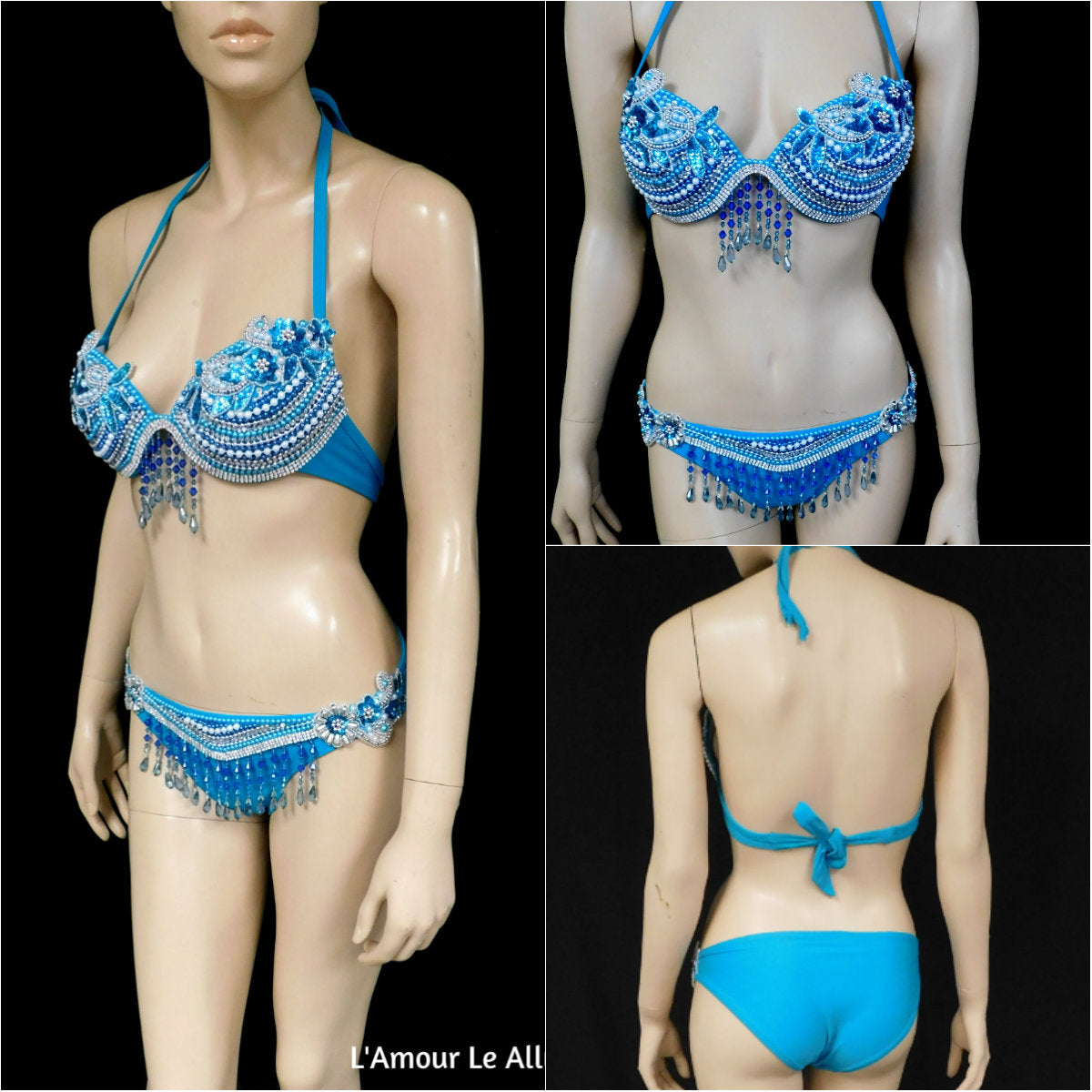 Turquoise Rhinestone Bikini Dance Top and Bottom Swimsuit