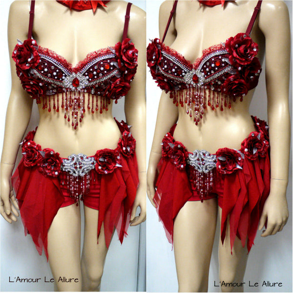 Red Rose Glitter Fairy Rave Bra and Skirt Shorts Halloween Dance Costume