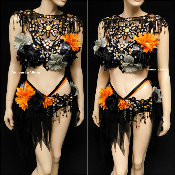 Dark Orange Halloween Fairy Dance Costume Rave Bra and Skirt