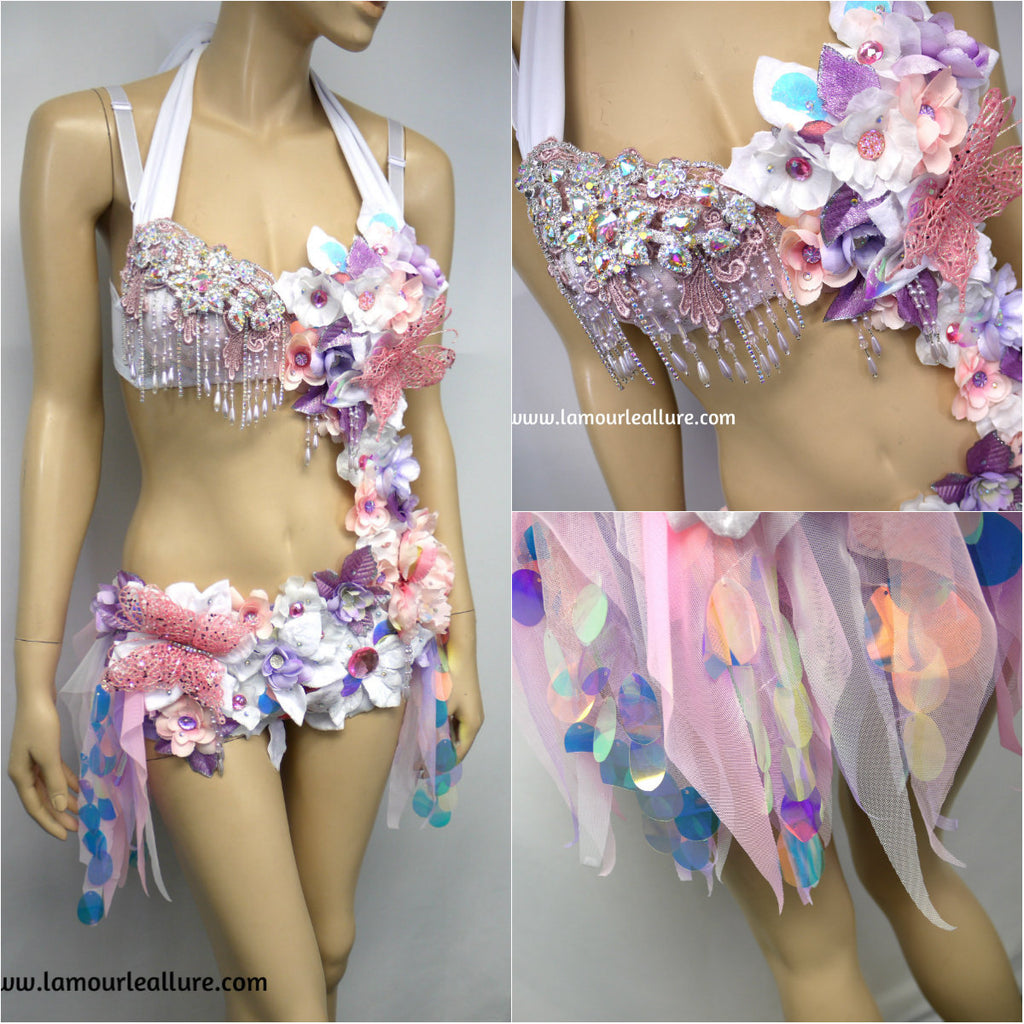 Holographic Pastel Rainbow Flower Fairy Bra and Bottom Costume
