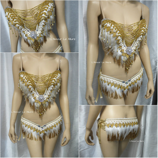 Gold and White Feather Native indian Fringe Plunge Bra and Skirt