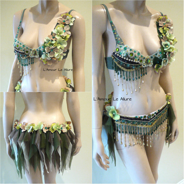 Black and Gold Gypsy Forest Fairy Dance Chain Rave Bra and Skirt Halloween Costume