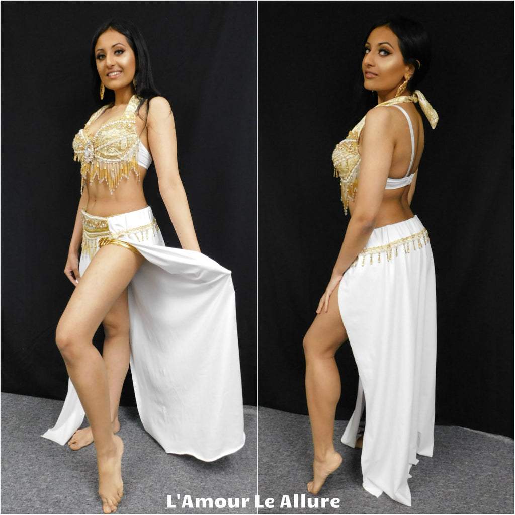 White and Gold Eevee Gypsy Belly Dancer Rave Bra and Skirt – L