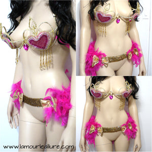 Pink and Gold Heart Samba Dance Carnival Top with Feather Bustle Skirt