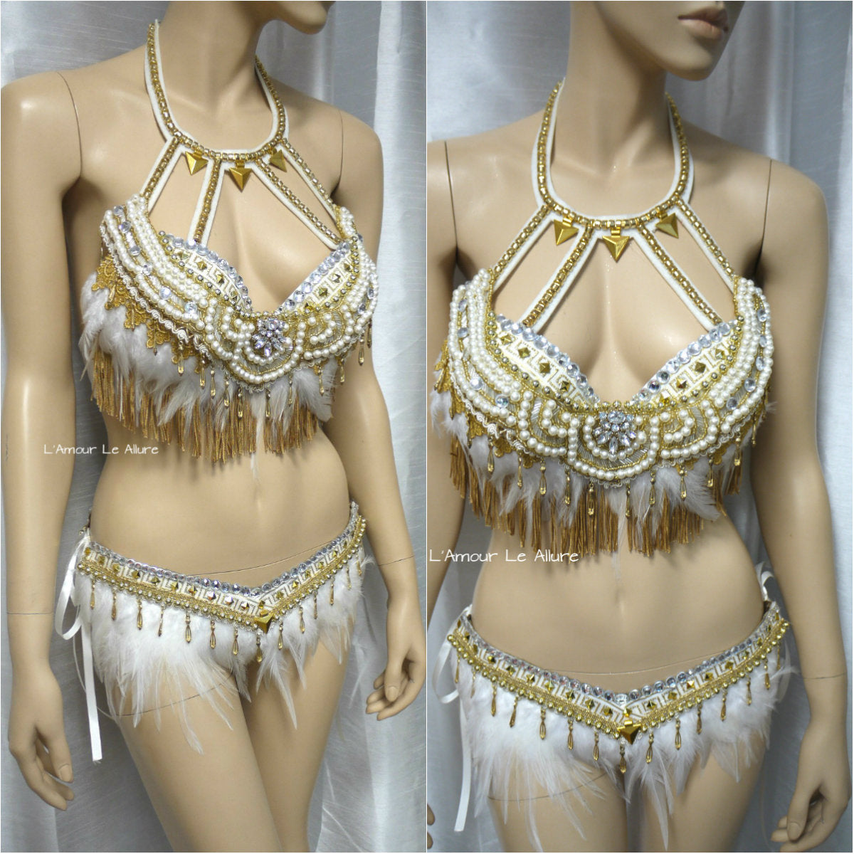 Gold and White Feather Native Indian Fringe Bra and Skirt