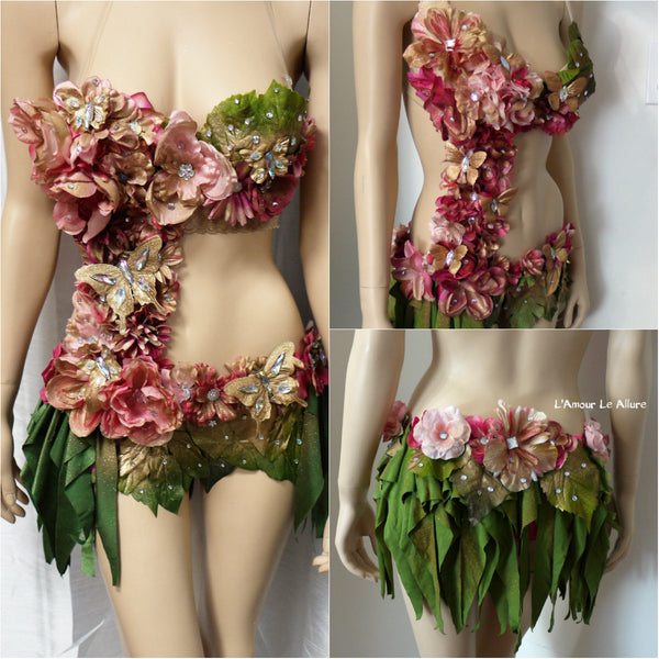 Green and Pink Spring Fairy with Green Skirt Monokini Costume