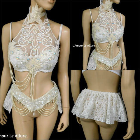 Dripping in Pearls White Lace Bra and Skirt Dance Costume Rave Halloween