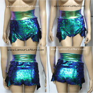 Princess Ariel Iridescent Green Dragon Scale Mermaid High Waisted Sequin Shorts with Band