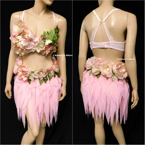 Spring Fairy Floral Bra with High Waisted Skirt - Light Pink