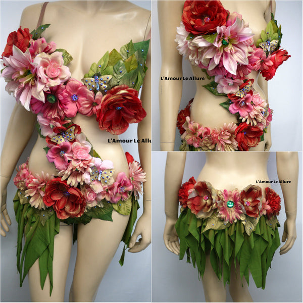 Green and Pink Spring Fairy with Green Skirt Monokini Costume