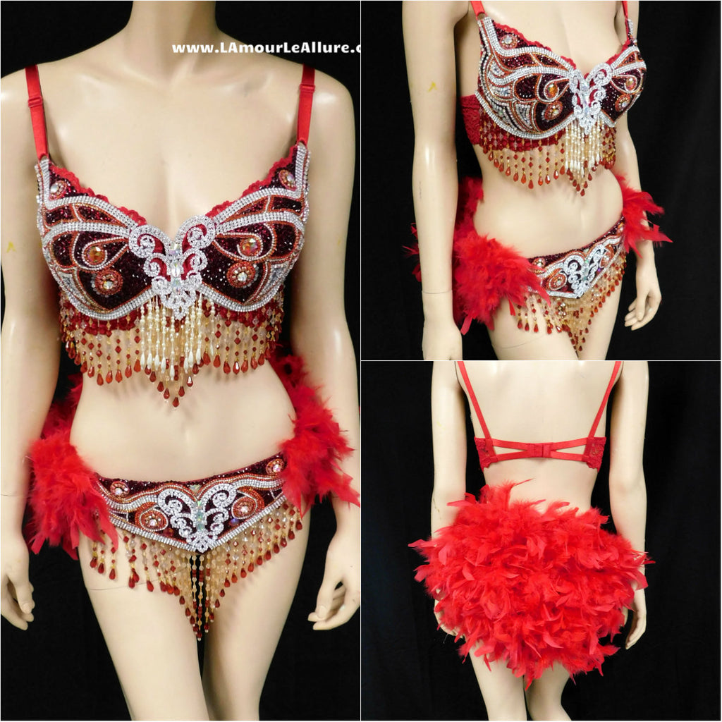 Red Butterfly Rave Bra with Feather Bustle Skirt Bottom Dance