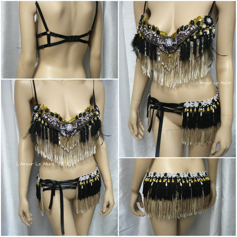 Black Gold and Cream Fringe Bra and Skirt with feathers