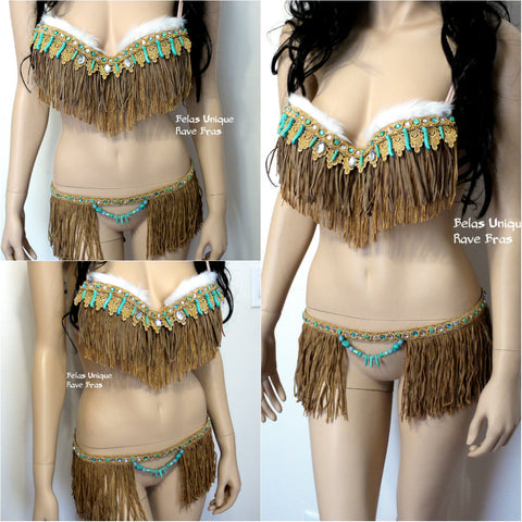 Pocahontas Turquoise Brown Fringe Bra and Skirt