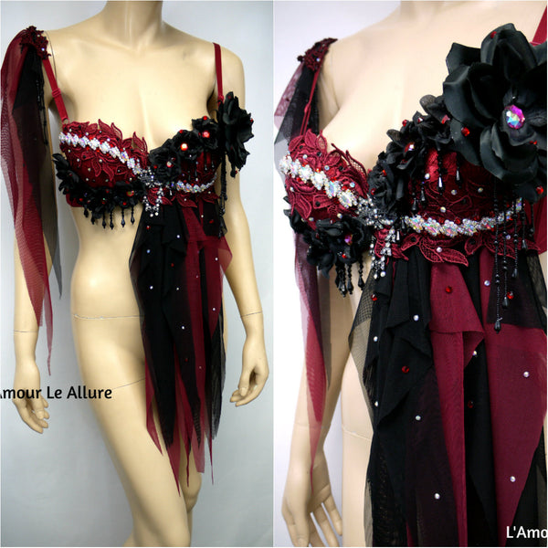 Burgundy Red and Black Goth Fairy Bra Top