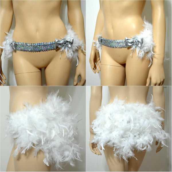 White and Silver Bow Sequin Feather Bustle Skirt