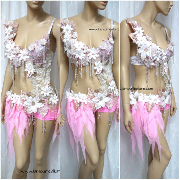 Pearl Pink White Fairy Monokini Dance Costume Rave Halloween