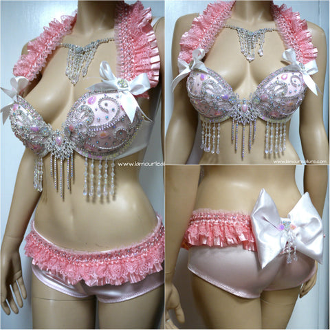 Sweet Pastel Pink Glitter Diamond Bra with Scrunchie Bottom Costume