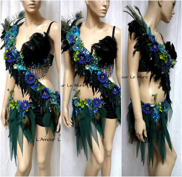 Floral Peacock Fairy Monokini Costume Rave Bra and Bottom