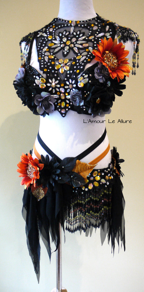 Dark Orange Halloween Fairy Dance Costume Rave Bra and Skirt – L