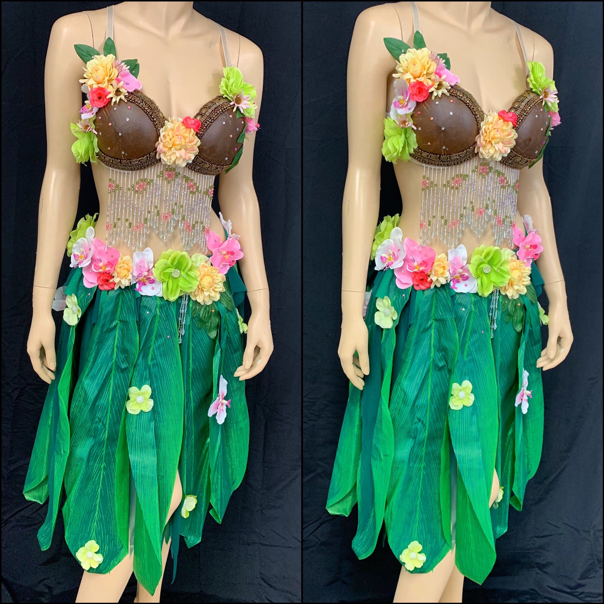 Tropical Hula Girl Coconut Flower Bra and Leaf skirt – L'Amour Le