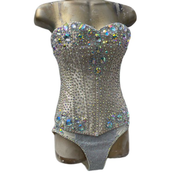 Beige Iridescent Bejeweled Corset and Panty Costume