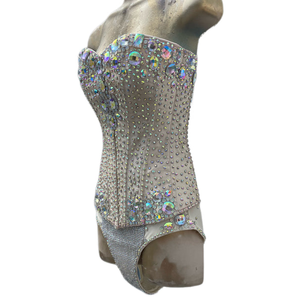Beige Iridescent Bejeweled Corset and Panty Costume