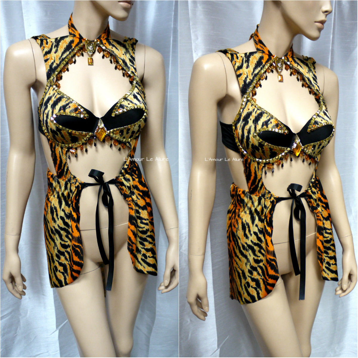 Golden Studded Jungle Tiger Goddess Monokini Dress